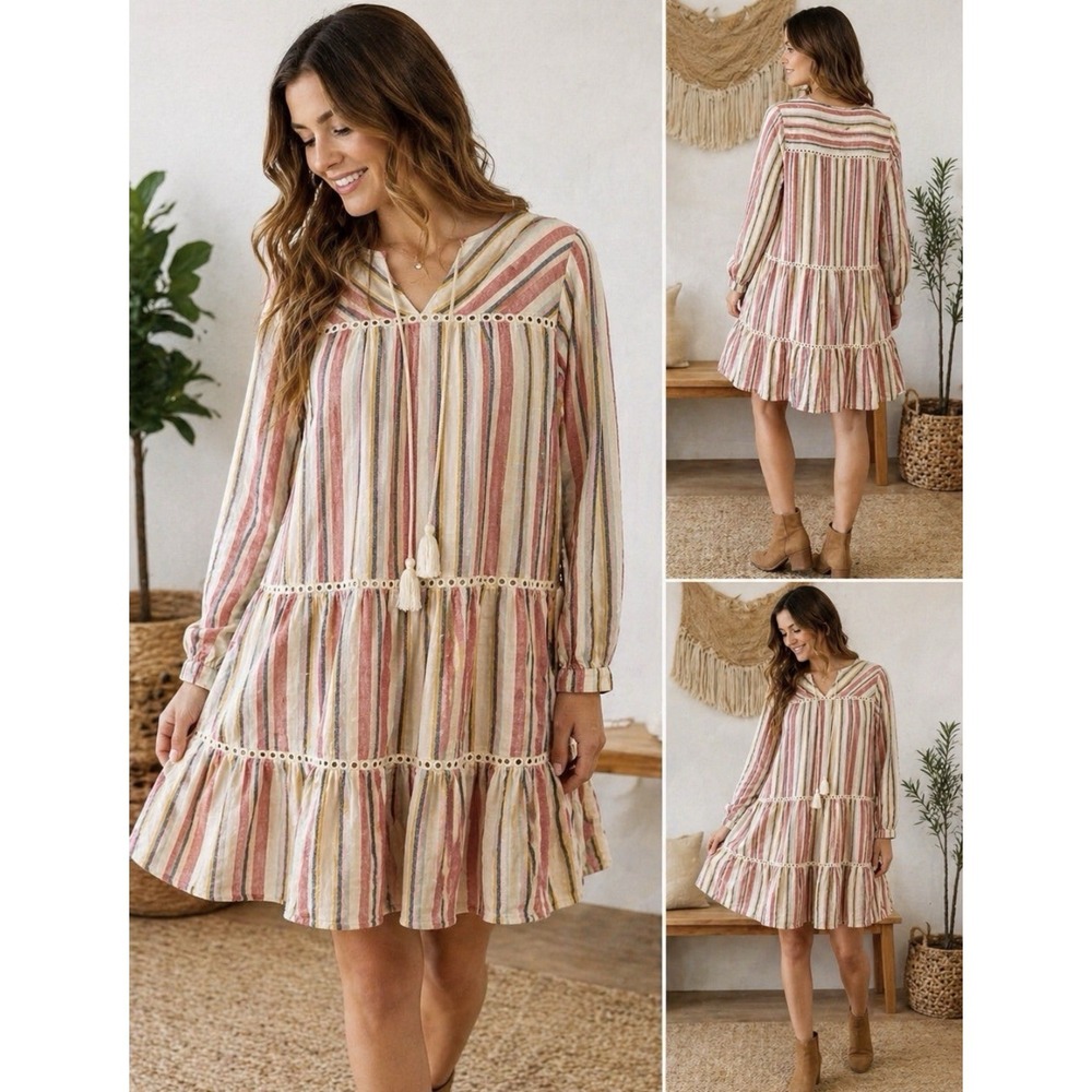 Caslon Striped Boho Dress Medium Tassel Tie Lined Cotton Linen Peasant